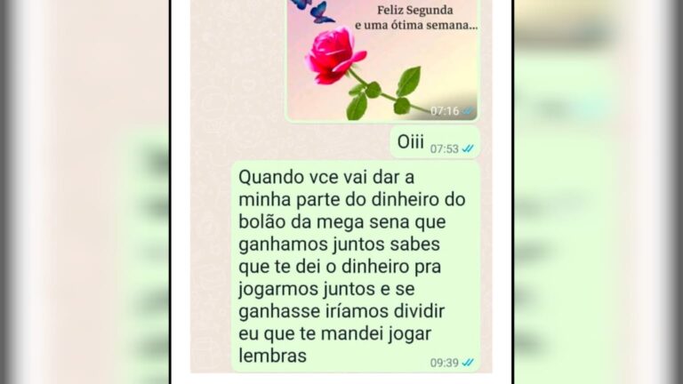 ‘Eu que te mandei jogar, lembras?’: mulher que provou acordo para dividir prêmio da Mega-Sena cobrou ex por mensagens ‘eu-que-te-mandei-jogar,-lembras?’:-mulher-que-provou-acordo-para-dividir-premio-da-mega-sena-cobrou-ex-por-mensagens