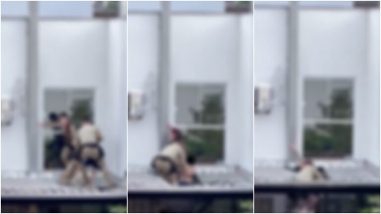 VÍDEO: telhado cede enquanto policiais tentavam conter homem e grupo cai em SC video:-telhado-cede-enquanto-policiais-tentavam-conter-homem-e-grupo-cai-em-sc
