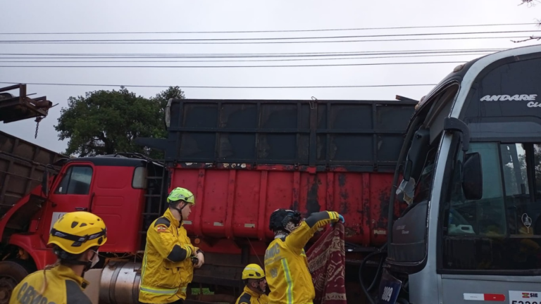 onibus-levando-23-trabalhadores-colide-com-caminhoes-estacionados-e-deixa-feridos-em-sc