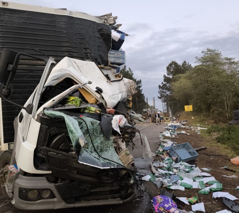 batida-entre-dois-caminhoes-deixa-motorista-morto-e-mulher-e-criancas-feridas-na-br-282-em-sc