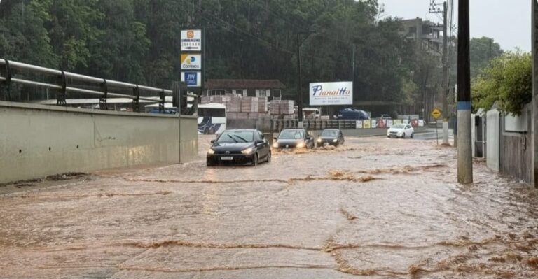 fortes-chuvas-transformam-ruas-em-rios,-arrastam-carros-e-deixam-desabrigados-em-sc;-veja-situacao-em-cada-regiao