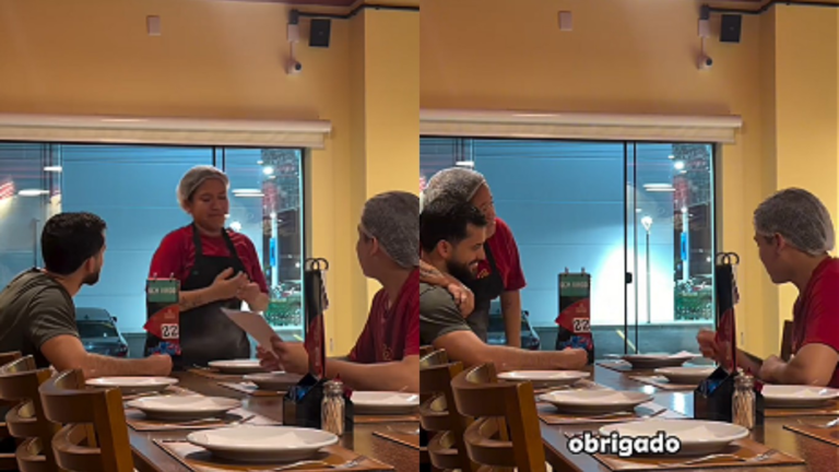 video:-dono-de-pizzaria-finge-demitir-funcionaria-em-sc,-mas-entrega-passagens-para-rever-a-familia-no-para